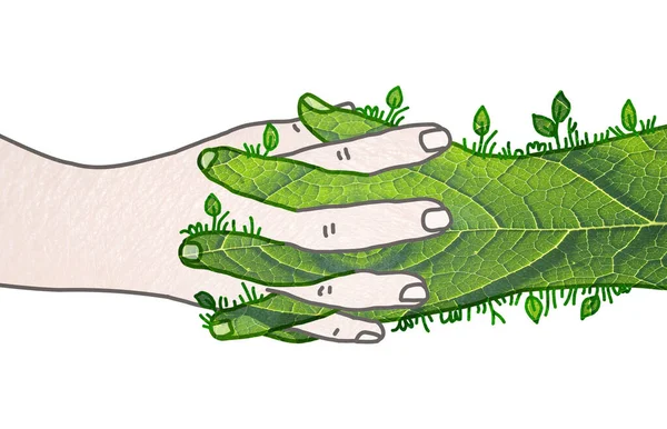 Hand Drawn Human Green Nature Crossing Mixing Hands Collag — Stock Photo, Image