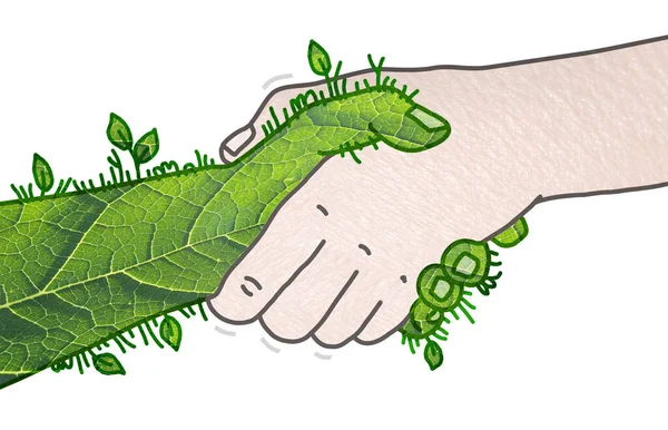 Hand Drawn Human Green Nature Shaking Hands Collag — Stock Photo, Image