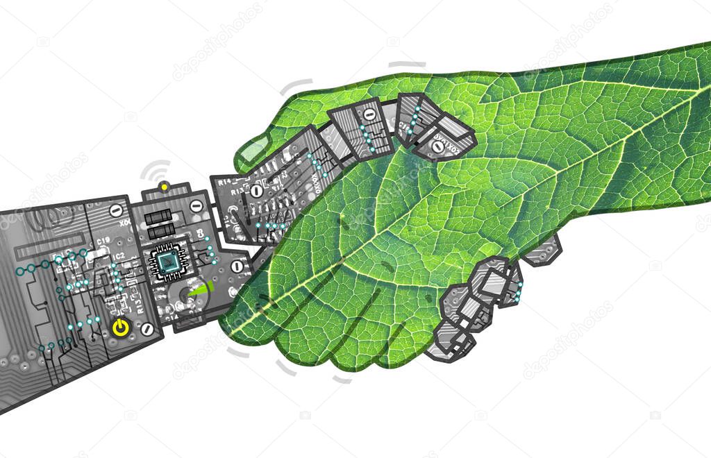 Hand drawn Robot and green Nature shaking Hands - collage