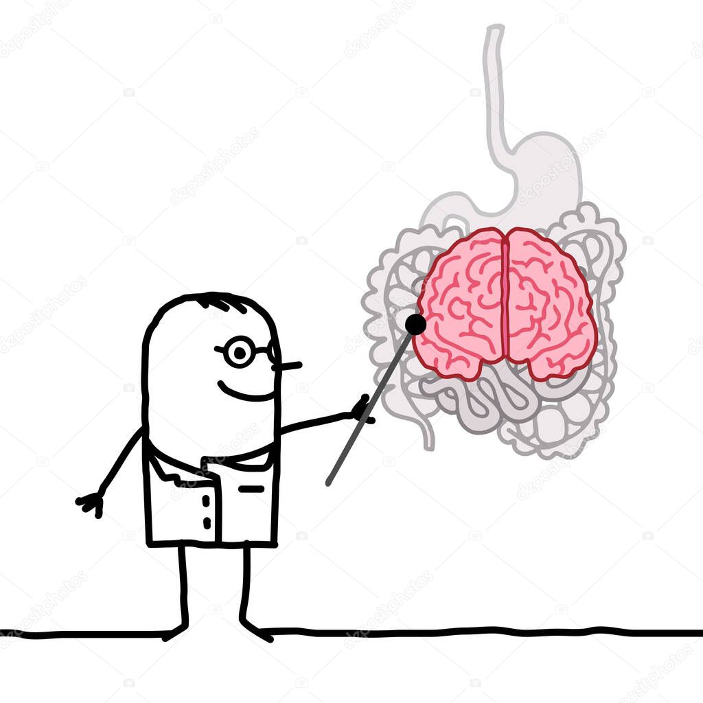 Hand drawn Cartoon Doctor Explaining that Bowel is like a second Brain