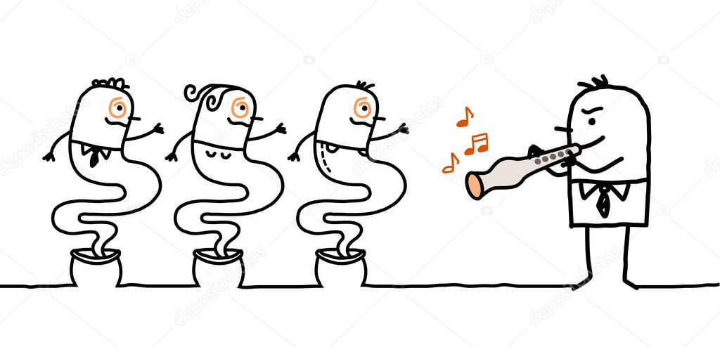 Hand drawn Cartoon Businessman Charming People with a Flute