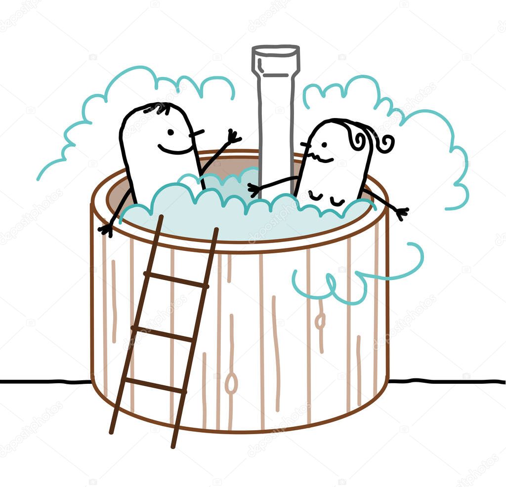 Hand drawn Cartoon Couple relaxing in an outdoor Jacuzzi