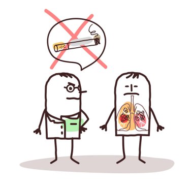 El çizimi karikatür doktoru akciğer sorunu olan bir adama 