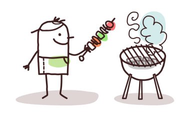 Et Kahvesi ve Barbekü ile El Çizimi Çizimi Karikatür Adam