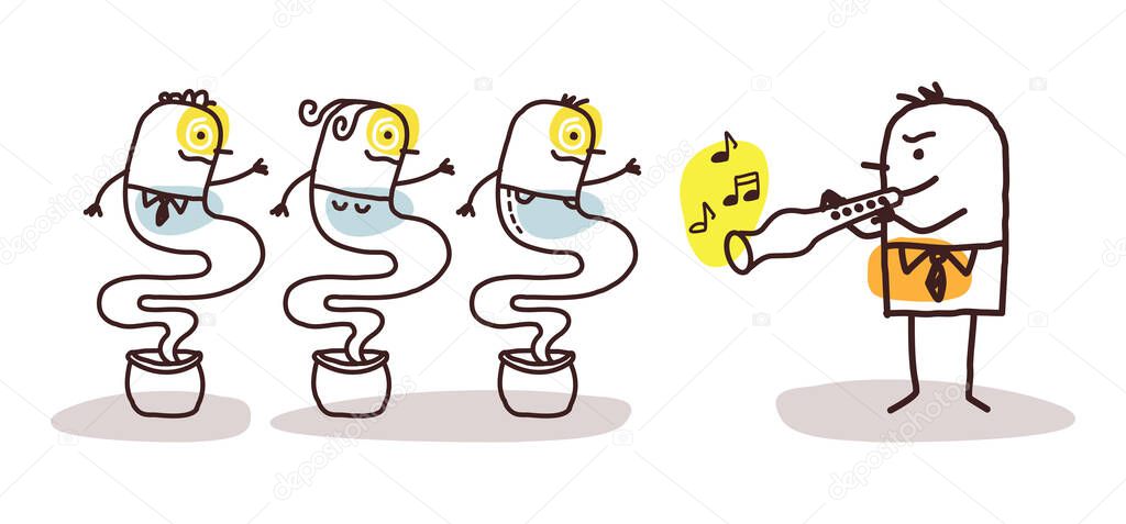 Hand drawn Cartoon Businessman Charming People with a Flute