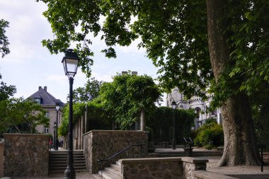 Montmartre Paris 'teki taş merdivenlerin ve klasik sokak lambasının huzurlu manzarası güneşli bir yaz gününde yemyeşil ağaçlarla çevrili Fransa, tipik Paris mimarisi ve atmosferi. 