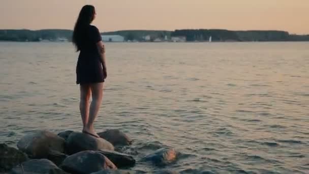 Fille regarde dans la distance au coucher du soleil sur le rivage — Video