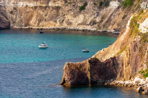 Sunny scenic blue sky landscape of rocky Black Sea coast and clear azure water viewed from Fiolent Cape in Sevastopol, Crimea