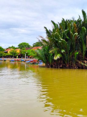 Hoi An, Vietnam, 18 Eylül 2025. Palmiye ağaçları da dahil olmak üzere yoğun tropikal bitki örtüsü ve Da Nang yakınlarındaki UNESCO Dünya Mirası bölgesi Hoi An Antik Kasabası 'ndaki Thu Bon Nehri kıyısında demirlemiş küçük botlar.