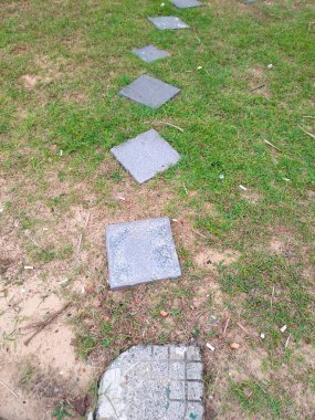 Gri dikdörtgen basamak taşlarının yüksek açılı görüntüsü kum parçalarıyla doğal bir çimenlik alanda yürüyüş yolu oluşturuyor.