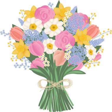 Renkli bahar buketi laleler, nergis, ranunculus, papatya ve kurdeleyle bağlanmış küçük kır çiçekleri. Açık arkaplanda izole edilmiş düz biçimdeki çiçek vektör illüstrasyonu