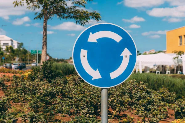 Close-up view of blue and white roundabout sign on the street with grass, trees, road and blue sky with clouds. Outdoor sign for cars. Traffic Laws. One circle road sign on a pillar.