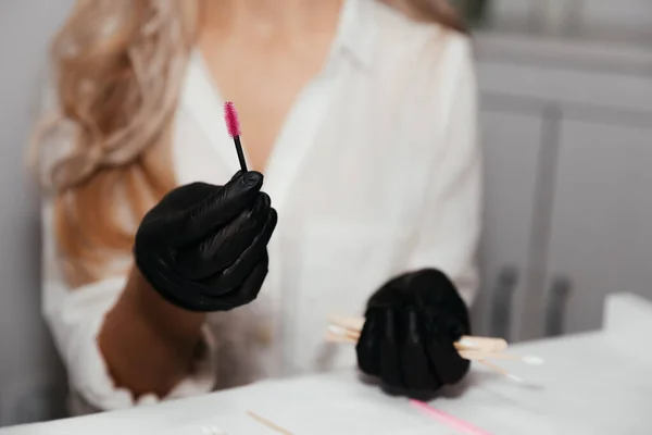 Pink Brush Permanent Makeup Hands Female Master Black Gloves Selective — ストック写真