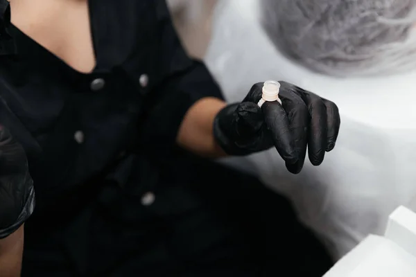 Finger Black Glove Wearing Empty Permanent Paint Ring Close Pigment — Stock Photo, Image