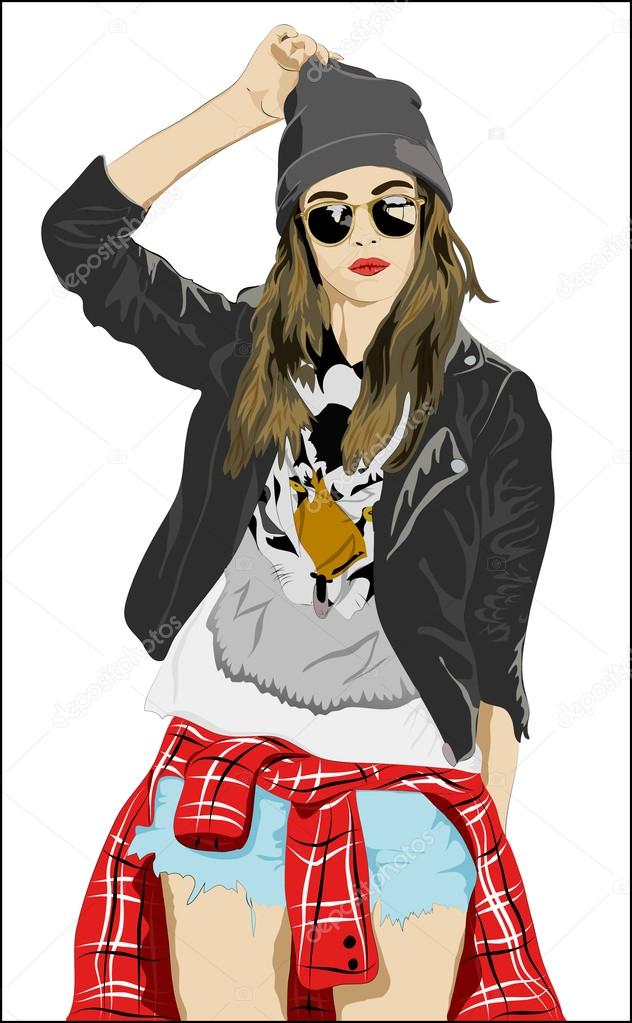 Illustration,portrait: girl in fashionable clothes and glasses