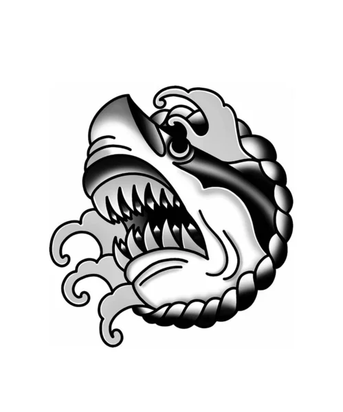 Geleneksel dövme taslak köpekbalığı dalgalar üzerinde