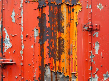 Canlı kırmızı endüstriyel metal yüzeyi, ağır yıpranma, soyulmuş boya ve derin paslanma. Perçin, sağlam bir menteşe ve turuncu ve siyah çürük katmanlı dikey bir panel tasarımı dramatik bir kentsel grunge dokusu yaratıyor..