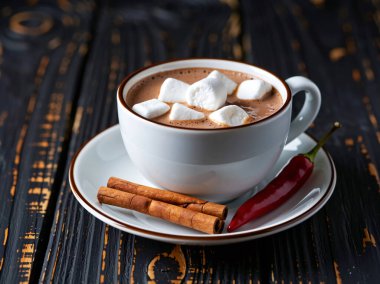 Marşmelovlu sıcak çikolata, acılı biber, tarçınlı sıcak kakao, sade ahşap dilimli, kış içeceği..