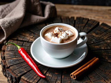 Marşmelovlu sıcak çikolata, acılı biber, tarçınlı sıcak kakao, sade ahşap dilimli, kış içeceği..