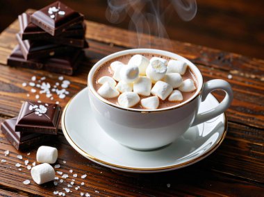 Beyaz bardakta kremalı sıcak çikolata, siyah çikolatalı ahşap masada kremalı kakao içeceği, sıcak tatlı fotoğrafçılığı..