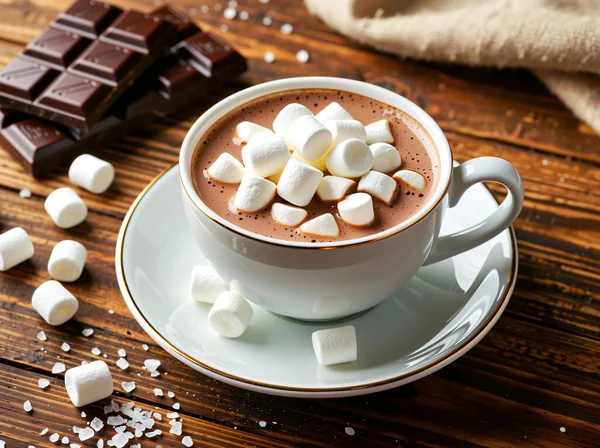 Beyaz bardakta kremalı sıcak çikolata, siyah çikolatalı ahşap masada kremalı kakao içeceği, sıcak tatlı fotoğrafçılığı..