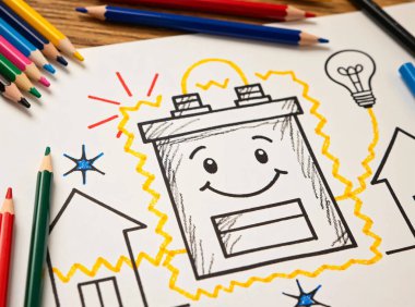 Renkli Kalemlerle Çerçevelenmiş Akıllı Ev Enerjisi ve Eğitim Stoku Görüntüsü ile Bir Ev Sağlayan Arkadaşça Güç İstasyonunun Yaratıcı Çocuk Çizimi