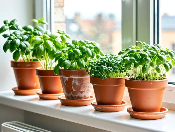 Terracotta 'da Taze Basil Bitkileri Parlak Pencere Pervazında, Kapalı Bahçe Konsepti, Sürdürülebilir Yaşam ve Ev Bitkisi Fotoğrafı