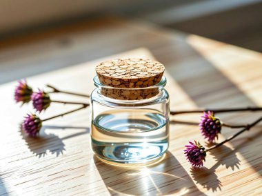 Mantar tıpalı küçük cam kavanoz ve ahşap yüzeyde mor çiçekler.