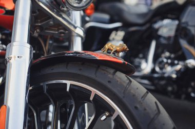 Ön tekere ve özel yapım bir motosikletin çamurluğuna odaklanan detaylı bir atış, maskot olarak takılan eşsiz bir altın aslan figürü. Arka planda cilalanmış krom çatallar ve modern çok dilli alaşımlı bir tekerlek görülebilir.