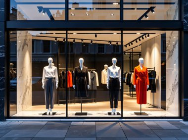 Geceleri zarif mankenleri olan modern lüks butik mağazası.