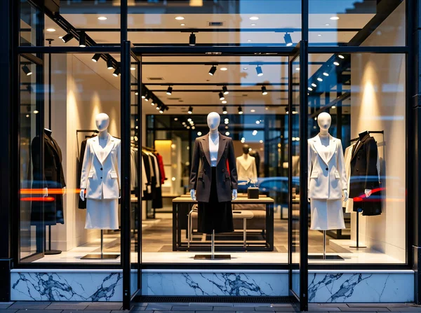 Geceleri zarif mankenleri olan modern lüks butik mağazası.