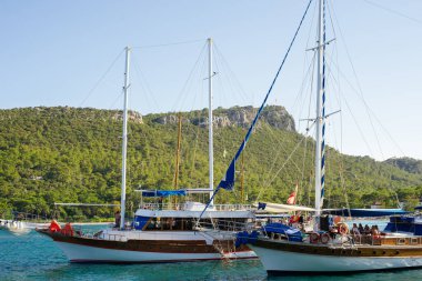Geniş yatay bir açıyla, parlak, güneşli bir gökyüzünün altındaki yemyeşil dağlara karşı, güvertede insanlar bulunan, ahşap çoklu direkli yatlar..