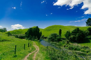 Güneşli kırsal bölgelerde insanlar su manzarası vadisinde yürüyor.