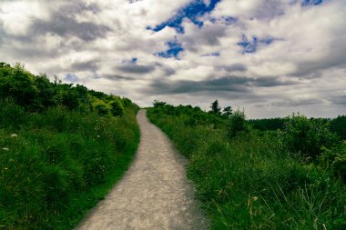 Dramatik gökyüzünün altında uzanan sessiz bir yol kırsal doğa manzarası.
