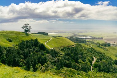 Güneşli kırsal bölgeler kırsal alan boyunca kıvrımlı yollar gösteriyor.