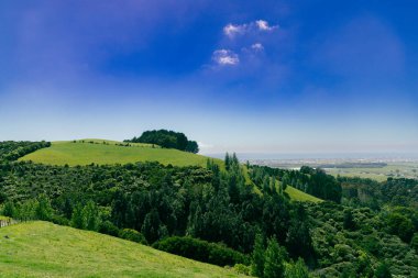 Uzak kırsal alanlar yemyeşil çayır arazisinin ötesine uzanır.