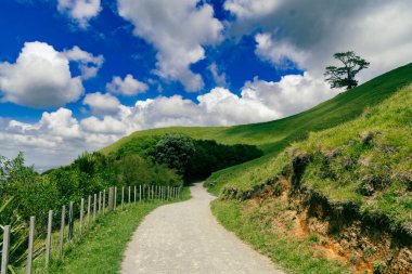 Güneşli kırsal patika rüzgarları parlak bulutların altında kırsal arazi vadisi çayırı