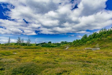 Açık kırsal bölgeler bulutların altında yemyeşil bir arazi olduğunu gösteriyor.