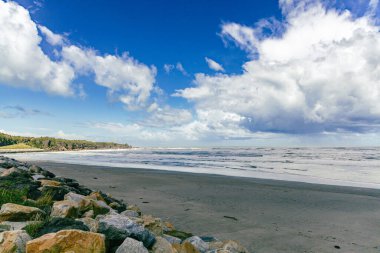 Empty shore stretches beside waves below towering clouds beach ocean surf water