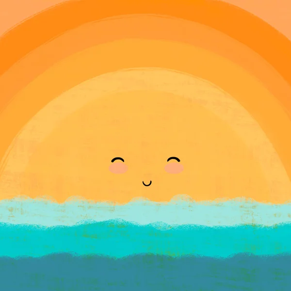Mutlu güneşli çocuksu çocuk yuvası sanatı. Şirin kawaii suratı. Çizgi film komik gülümseyen karakter.