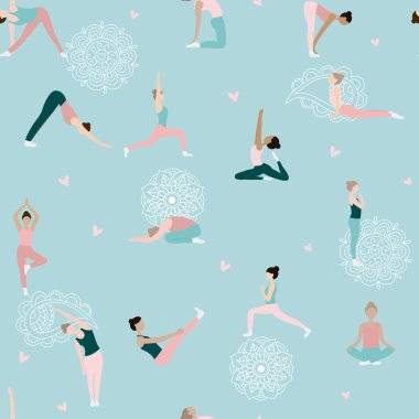 Yoga yapan kadınlar kusursuz kalıplar çıkarıyorlar. Yoga meditasyon çizgi film stili yap. Yoga yapan çeşitli kadınlar..