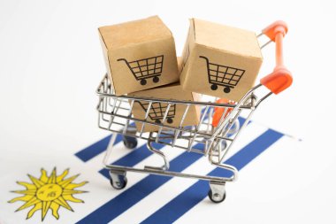 Çevrimiçi alışveriş, Uruguay bayrağında alışveriş arabası kutusu, ithalat ihracat, finans ticareti.