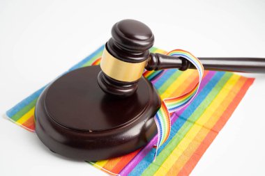 Gavel, LGBT gurur ayının sembolü olan gökkuşağı bayrağında hakim avukat adayı..