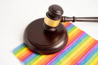 Gavel, LGBT gurur ayının sembolü olan gökkuşağı bayrağında hakim avukat adayı..