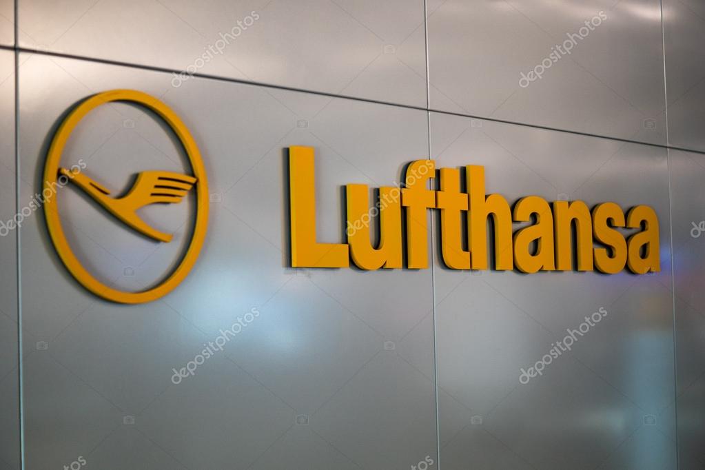 FRANKFURT, GERMANY - circa FEBRUARY 2016: A big yellow Lufthansa logo on the wall of Frankfurt Airport, Germany. Deutsche Lufthansa AG, commonly known as Lufthansa is a major German airline.