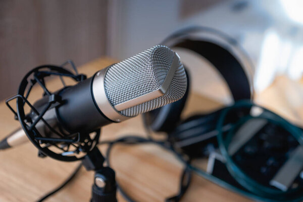 Микрофон - профессиональный конденсаторный микрофон в домашней студии для подкаста, производства музыки, озвучивания, записи