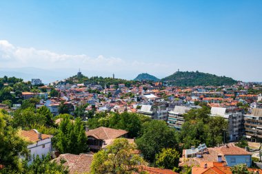 Plovdiv view from above in Bulgaria. Plovdiv aerial city view with historical buildings and hills.
