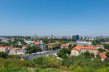 Plovdiv view from above in Bulgaria. Plovdiv aerial city view with historical buildings and hills.