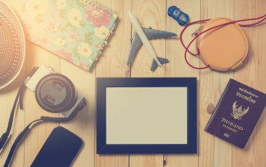 Boş seyahat Hipster fotoğraf çerçevesi için sahte.