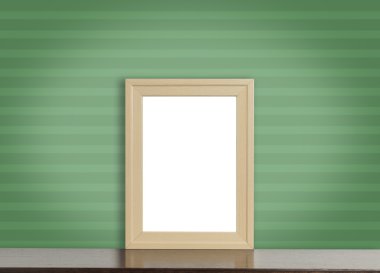 Yeşil çizgili arka plan üzerinde boş ahşap fotoğraf çerçevesi.